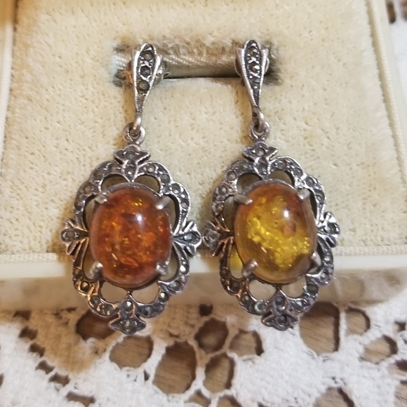 Antique Jewelry - 𝅺1920s Deco Sterling Amber Marcasite Earrings